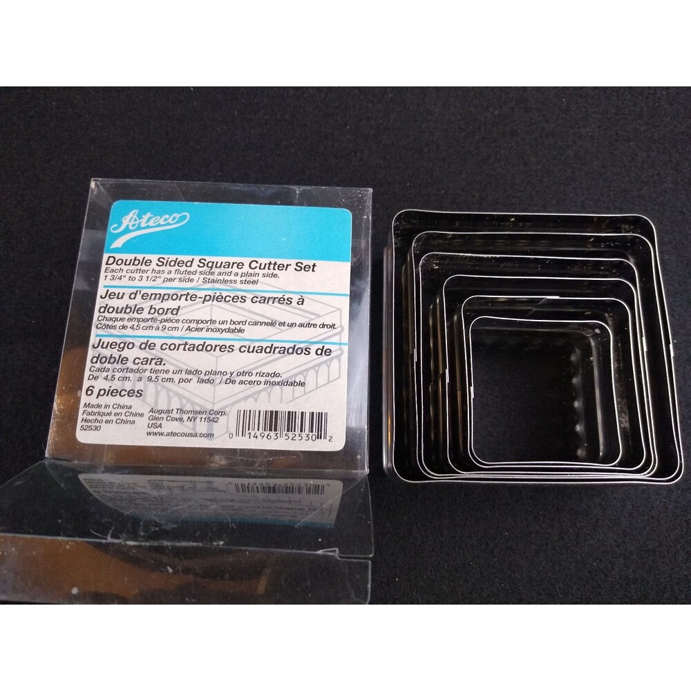 Double Sided Square Cutters Pack of 6 Fluted and Plain Sides Ateco 52530